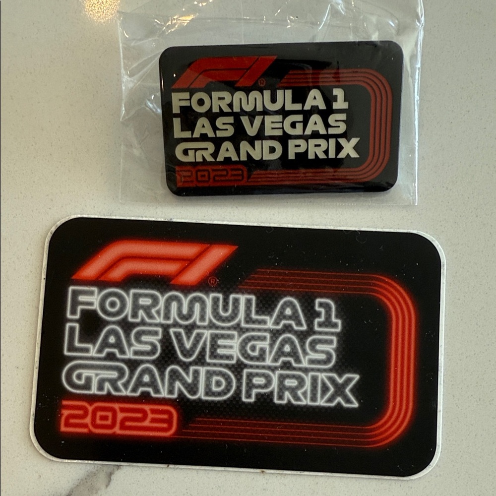 Rare collectible inaugural Formula 1 Las Vegas Grand Prix 2023 pin and decal.